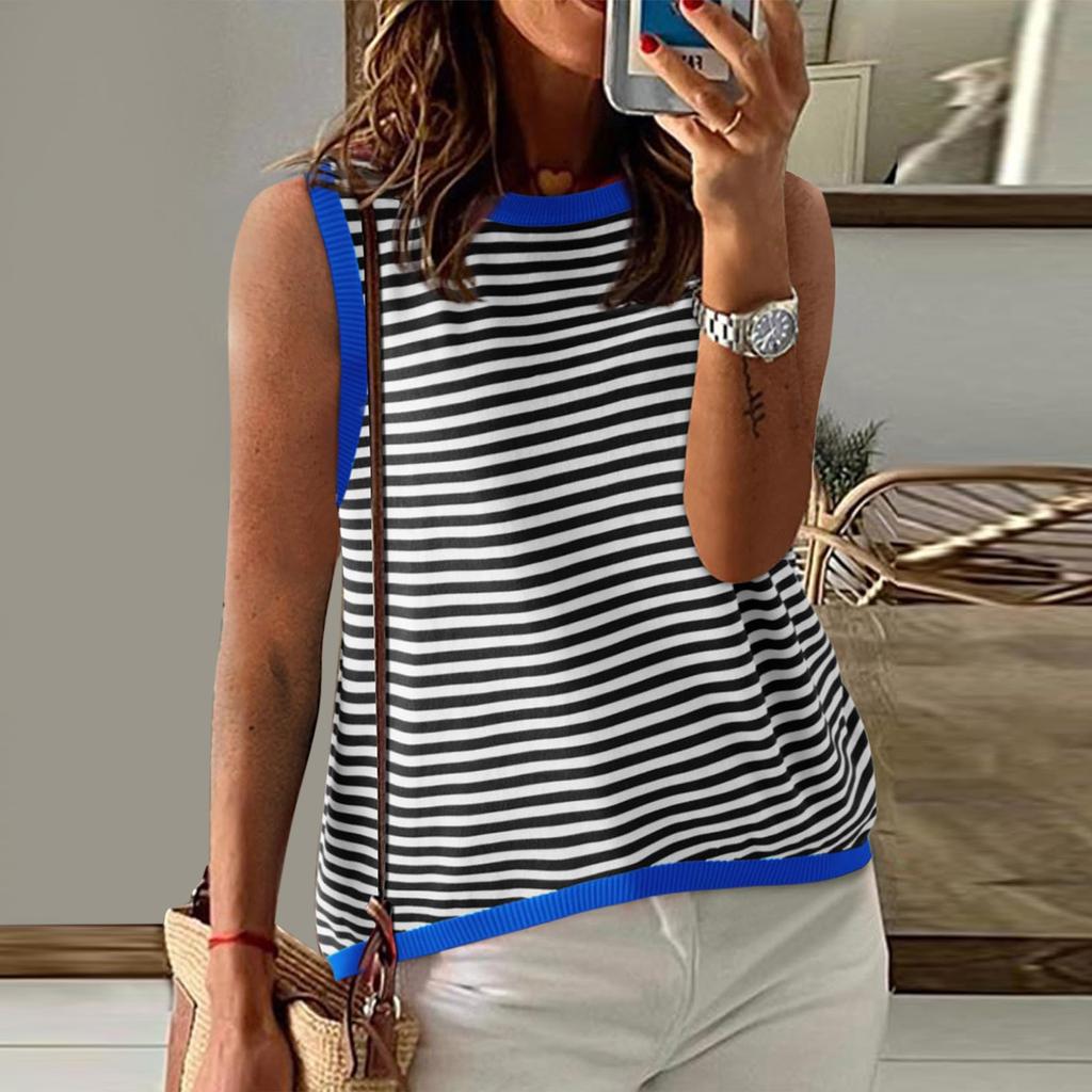 Женские летние топы, повседневная полосатая водолазка с цветными блоками, жилет, свободная рубашка без рукавов с высоким и низким вырезом, блузка