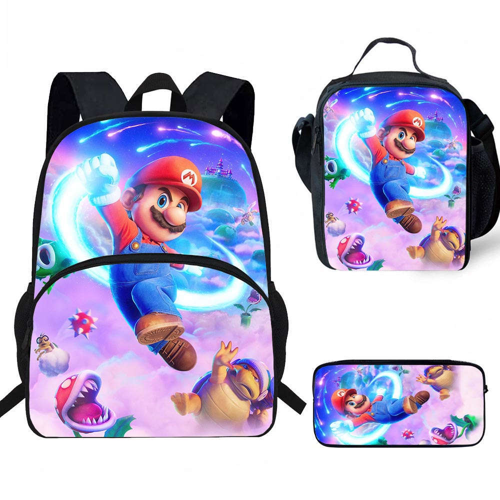 Mario Cartoon Backpack, Lunch Bag, and Pencil Case—New Stationery Set, Suitable for Grades 3–6