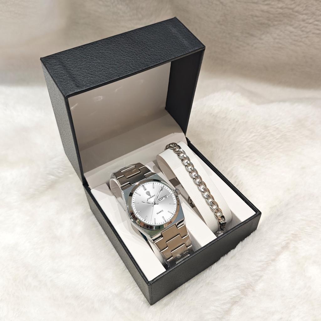 Gohuos 8807 Fashion 3PCS Set Chain Bracelet & Black Leather Box & Men Watch Waterproof Luminous Steel Watches Reloj Montre