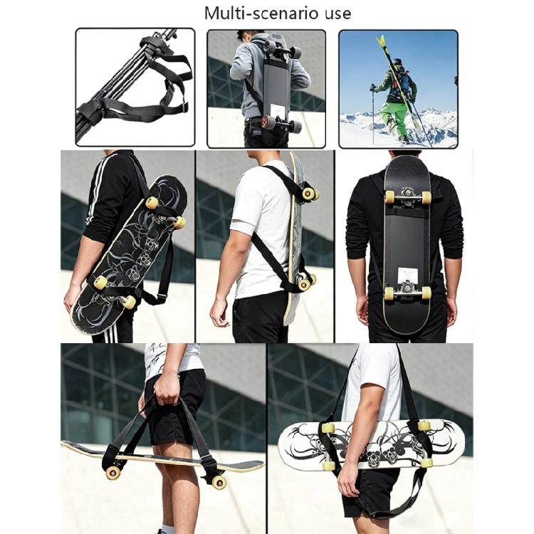 Encircling Ski Carrying Band, Visible Stitching and Sliding Fasteners for Adjustable Tension in Transport and Storage