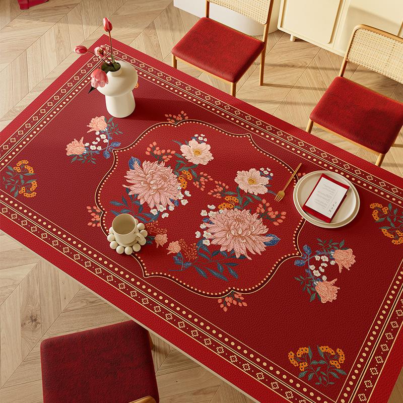 Red Festive Wedding Leather Table Mat Atmosphere Leather Tablecloth Engagement Leave-In Table Mat Rectangular Table Mat