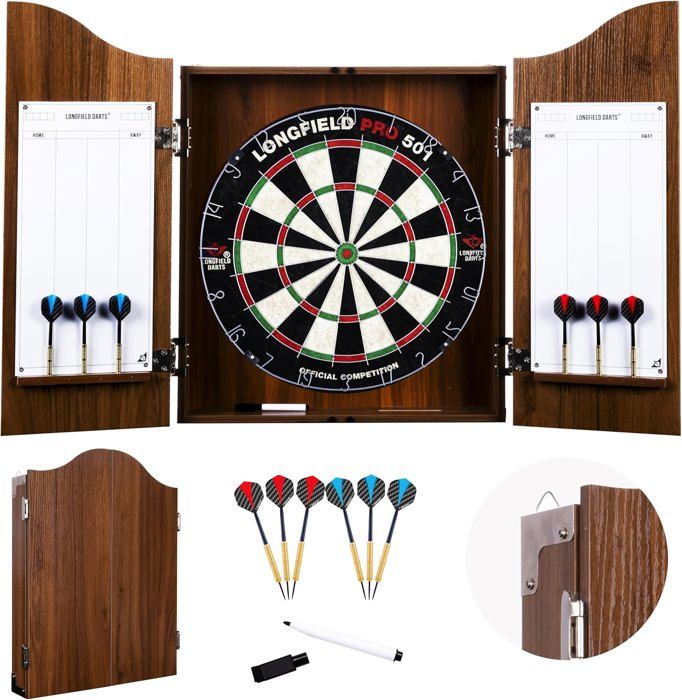 Wooden Dartboard Cabinet with Official Competition Sisal Target + 2 Sets of 18 GR Darts, Chalks and Sponge