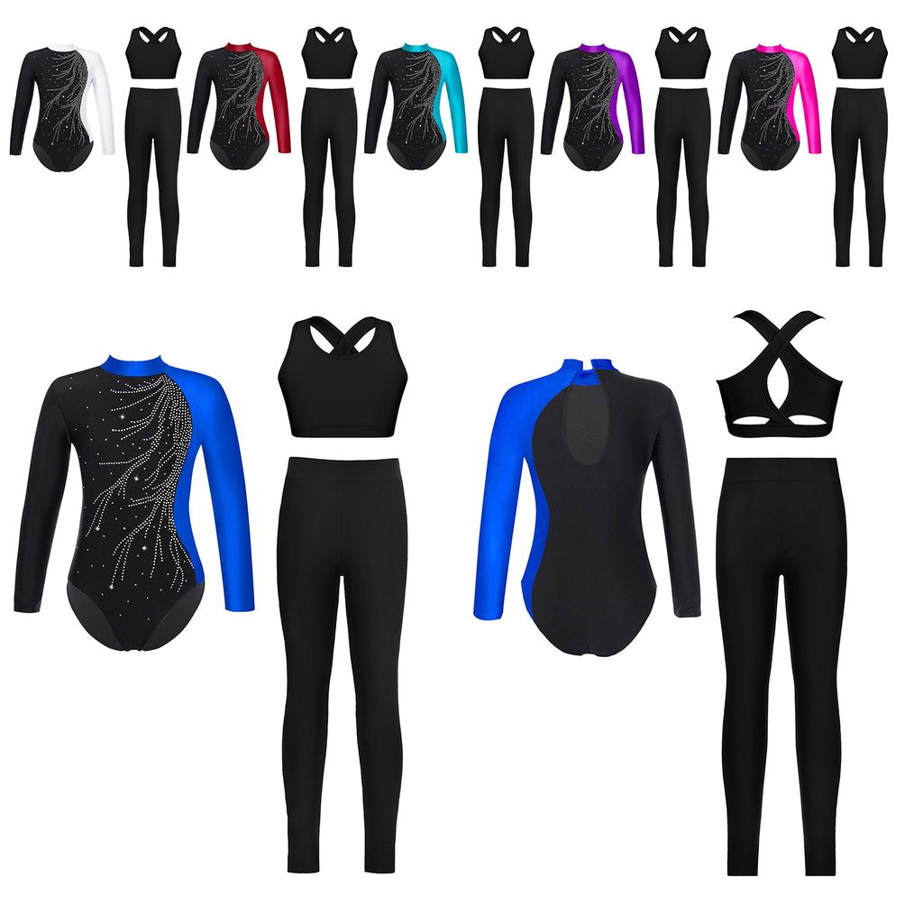 Kids Figure Skating Costume Set 3Pcs Mock Neck Leotard Cross Back Vest Leggings Rhinestones