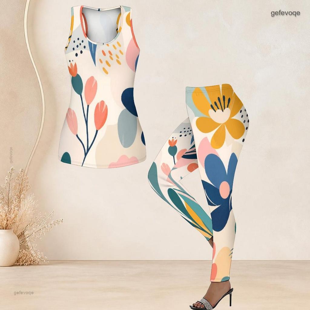 Women Plus Size Two Piece Set Scoop Neck Sleeveless Printed Tank Top Fitted Long Pants