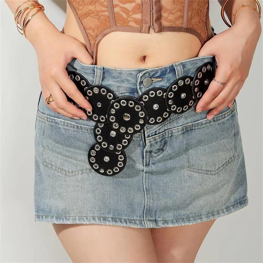 Y2k Disc PU Hollow Belt Zinc Zinc Alloy Concho Waistband Vintage Rivet Wide Belt  Women