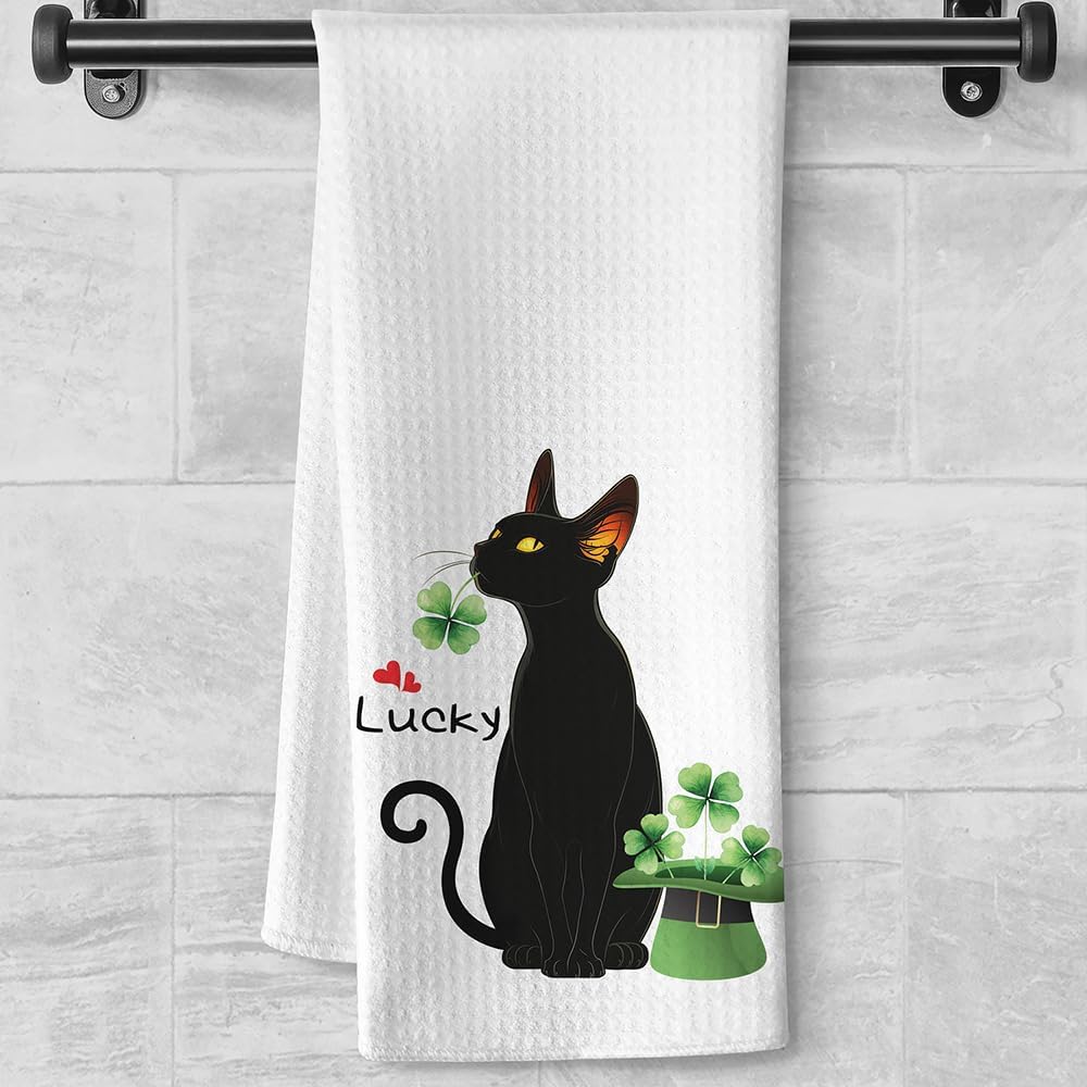 St Patricks Day Luck Green Kitchen Towels - Shamrock Wreath Quick-Dry Embroidered 'Lucky' Centerpiece Art, Irish-Themed Decorative Hand Towel for