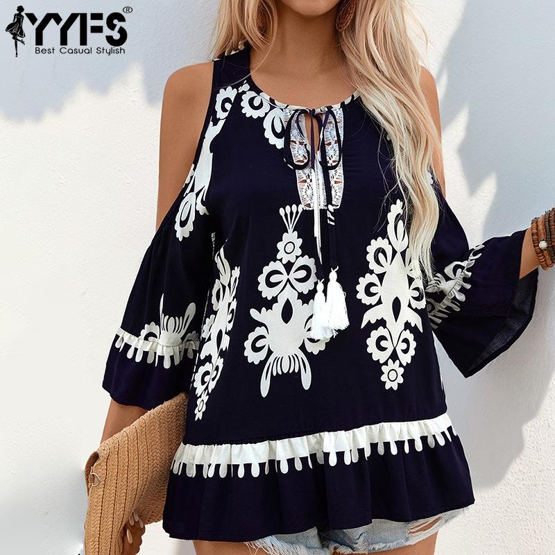 YYFS Женские винтажные модные повседневные летние весенние блузки и рубашки с круглым вырезом с геометрическим принтом и рукавами 3/4