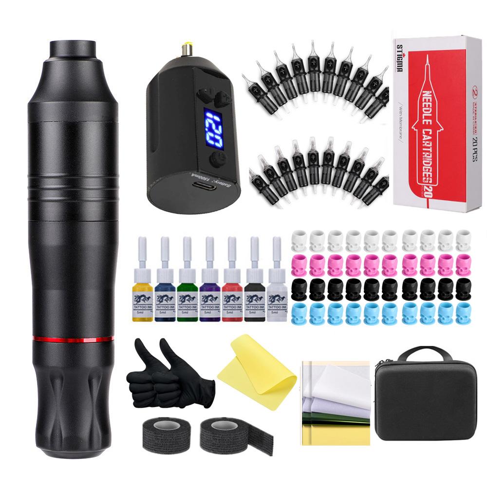 Беспроводной набор тату-ручек Полный комплект для татуировки Вращающийся шнур постоянного тока с 7-цветными чернилами Мини-мощный аккумулятор Источник питания Аксессуары для лайнера-шейдера