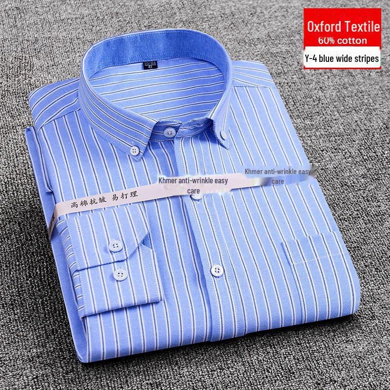 Мужская приталенная рубашка Oxford с узором в полоску и защитой от морщин, повседневная, с длинными рукавами, простая в уходе, корейский стиль