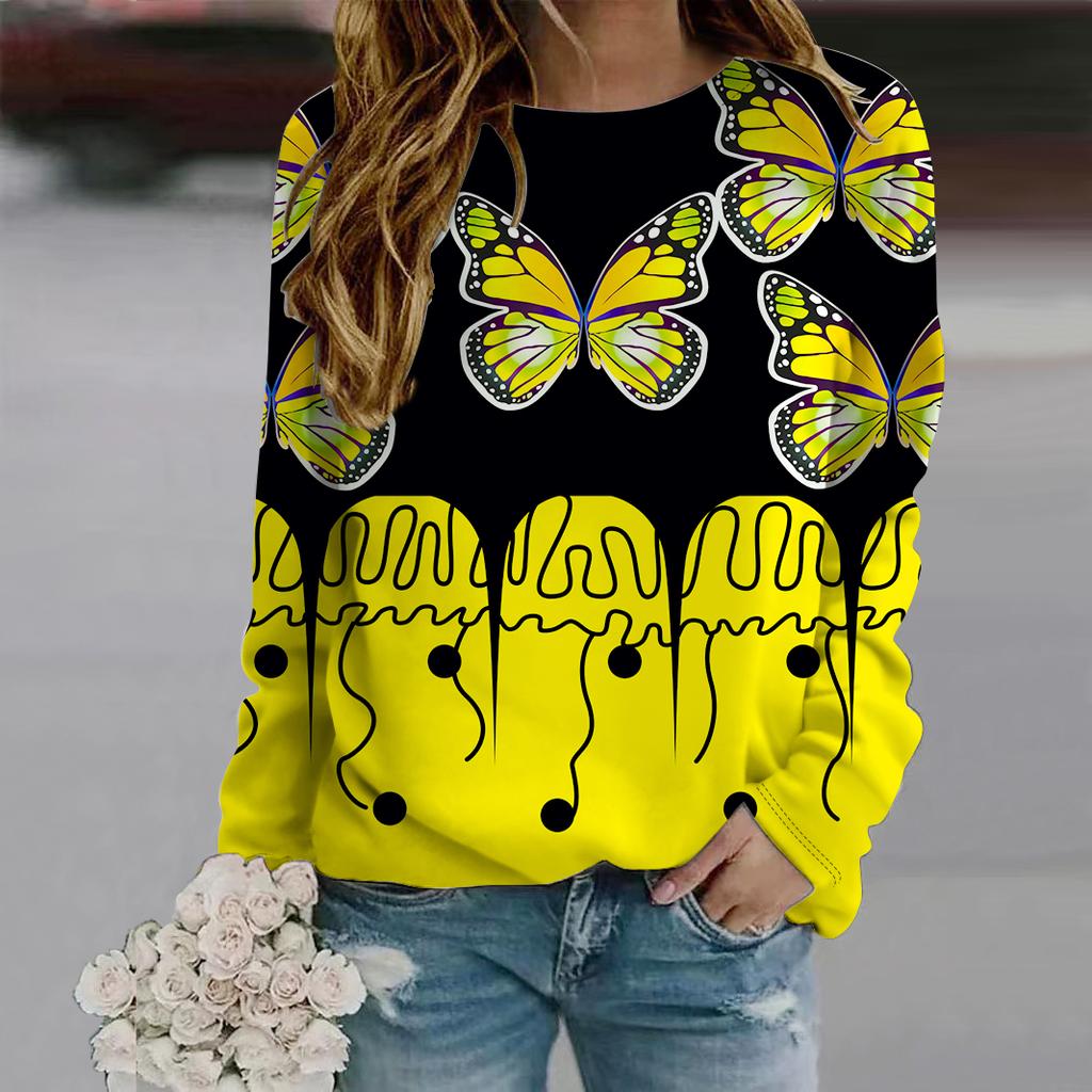 Осенняя женская мода с круглым вырезом и длинным рукавом, свободная одежда, синяя футболка с принтом в виде пятнистой бабочки для девочек, уличная