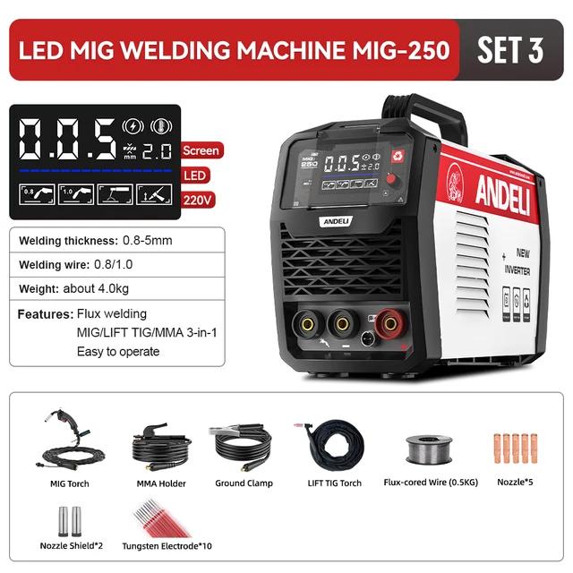 Inverter Semi-automatic Welding Machine ANDELI MIG-250 LED MIG/MMA/LIFT TIG 3 In 1 Multiprocess Welder