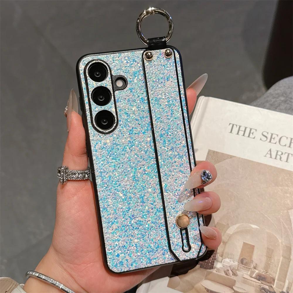 Wrist Strap Bracket Ring Phone Case for Samsung Galaxy S25 Ultra S24 S23 S22 S21 Plus Flash Diamond Leather Hard Shell Cover