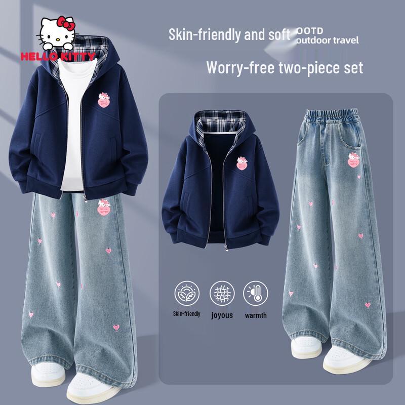 Hello Kitty Осенний повседневный комплект для девочек: худи с капюшоном и джинсы