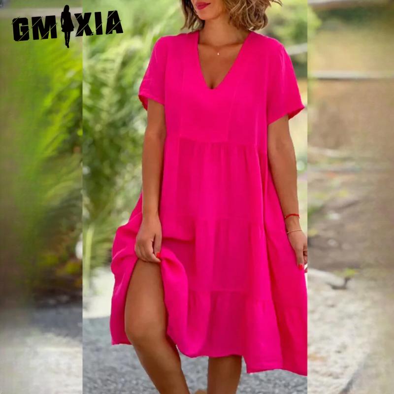 GMXIA Женская мода, лето, весна, свежие и милые однотонные принты, с коротким рукавом, v-образным вырезом, большие свободные повседневные платья