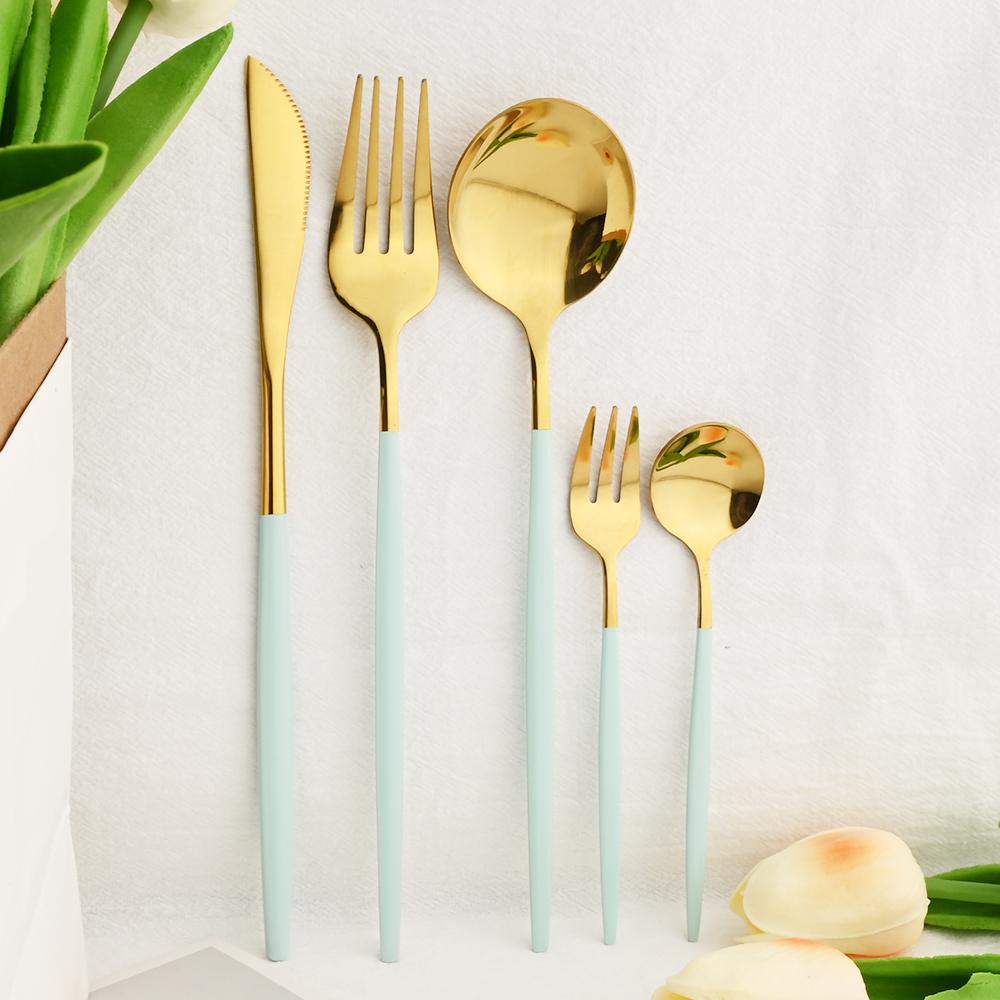 6People Gold Cutlery Set Mirror Stainless Steel Dinnerware Set Knife Cake Fork Tea Spoon Silverware Flatware Party Western Kitchen Tableware