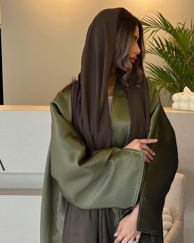 MQ191 Мусульманская атласная абая: Ближневосточный длинный халат, кардиган оверсайз однотонный