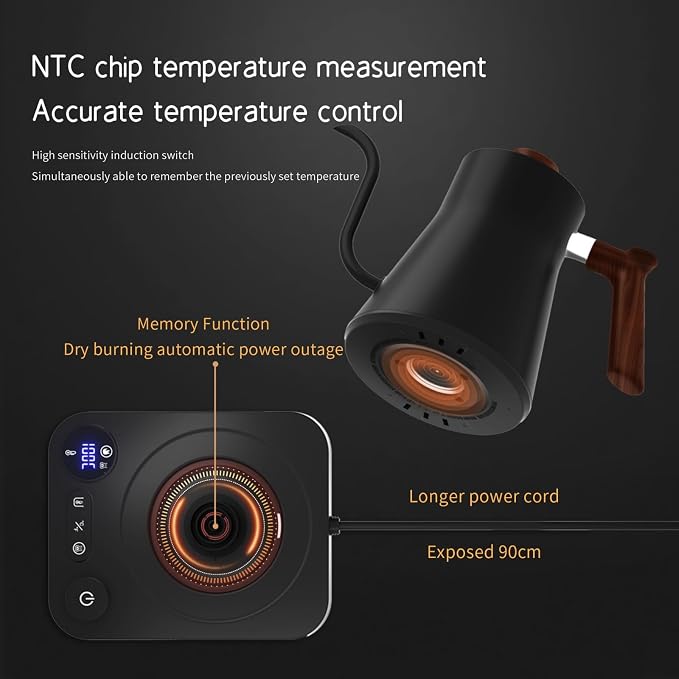 Gooseneck Electric Kettle 1200W Smart Temperature Control LED Display 0.9L Stainless Steel Pour Over Coffee Tea Pot Black
