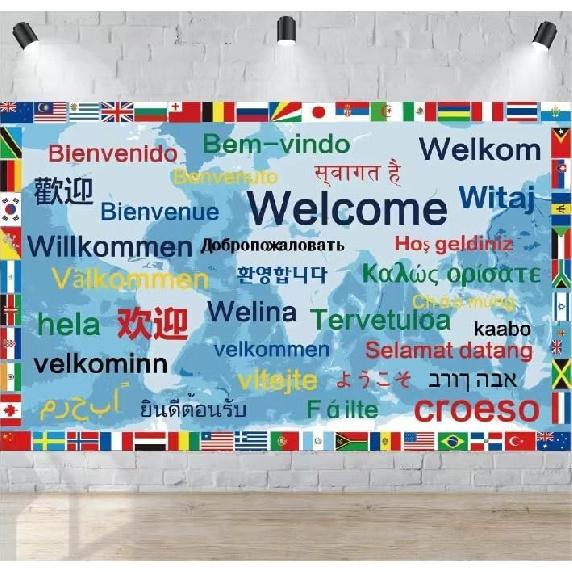International Welcome Banner Decorations 52 World Country Flags Around the World Multicultural Decor - Large Welcome Backdrop Banner with 32