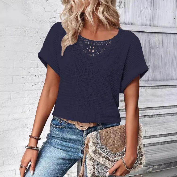 Весна Лето Женская Мода Футболка Европейский Американский Модный Коллекция Короткий Рукав Кружевная Отделка