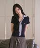 THE GREEN LAB Ribbon Tie Layered Short Sleeve Knit [Navy]