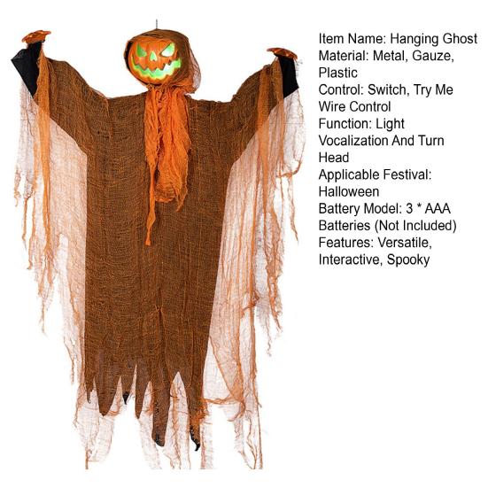 Halloween Hanging Pumpkin Ghost with Lighted Head Sound Rotating Motion Spooky Skeleton Props Outdoor Tree Porch Garden Party Decoration