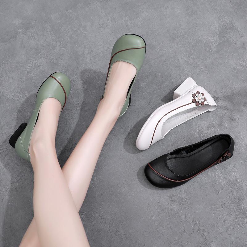 Новые женские базовые туфли-лодочки из мягкой коровьей кожи, весенние, на квадратном высоком каблуке средней высоты, из натуральной кожи, удобные, больших размеров 35-43