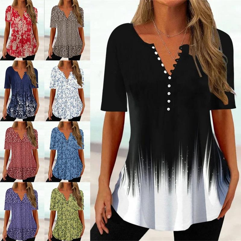 Trendy And Cool Women's Summer Loose V-neck Pullover Short-sleeved Button Printed T-shirt