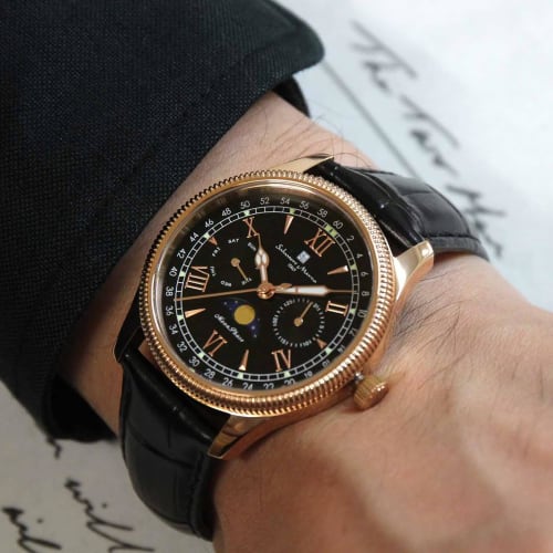 Salvatore Marra Men's Limited Edition Moon Phase Multi-Calendar Watch with 5 ATM Water Resistance, Leather Strap, Pink Gold and Black, SM24110-PGBK