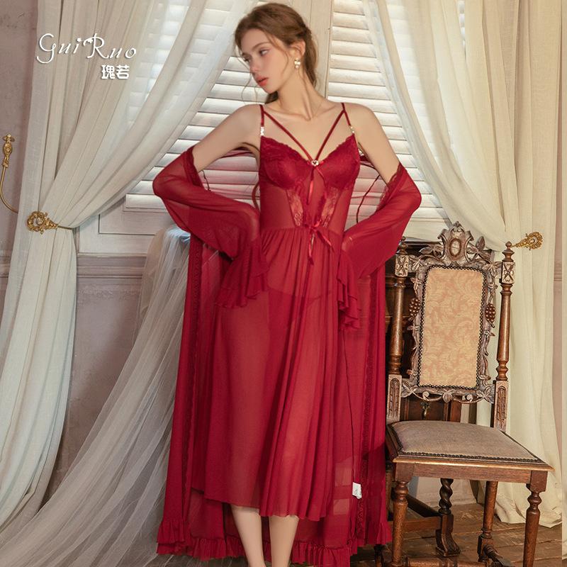 Women's Sheer Lingerie Low Cut Bow Mesh Sleep Dress with Robe Set