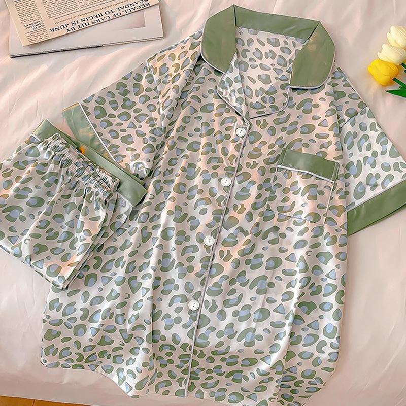 French High-End Leopard Print Pajamas Women'S Short-Sleeved Lapel Cardigan Light Luxury Ice Silk Loungewear Two-Piece Set