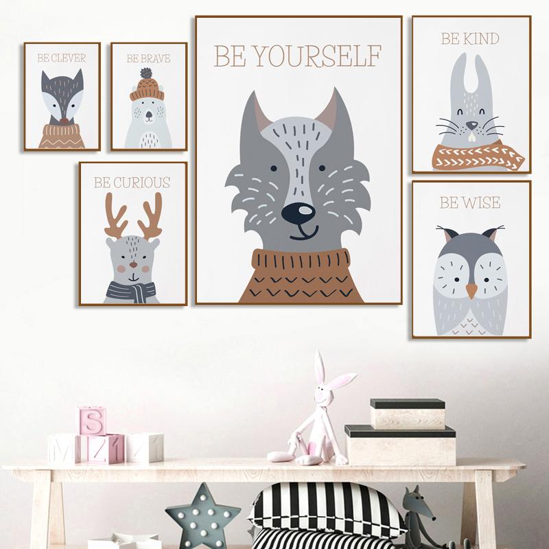 Пятнистый олень в шарфе, лиса, сова, медведь, холст, набор для детской комнаты, лес, настенное искусство, зимние животные, принты, декор для детской комнаты, без рамки