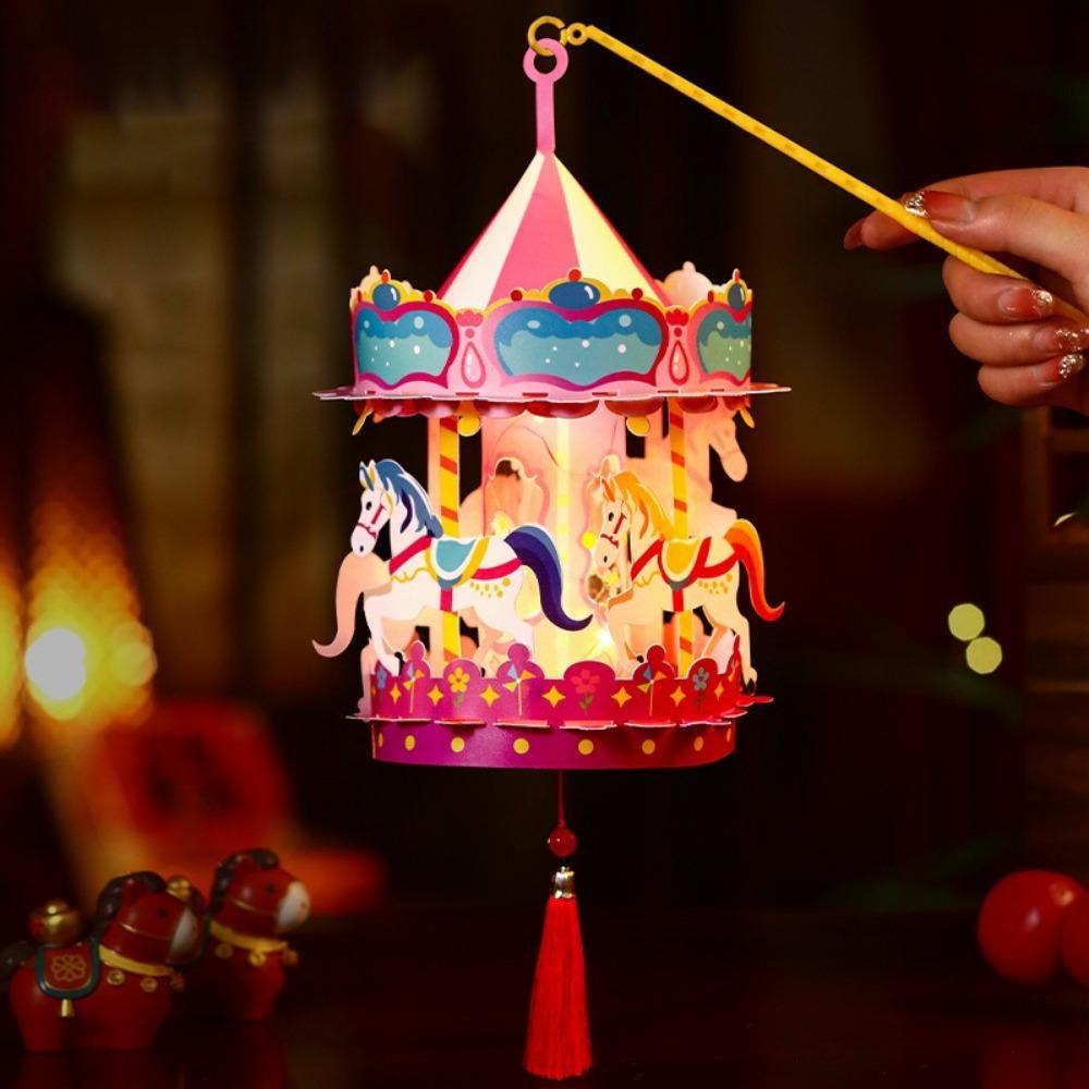 Creative 3D Cartoon Carousel Lantern PVC Waterproof Handheld Lantern Handmade Chinese Style Portable Lanterns New Year