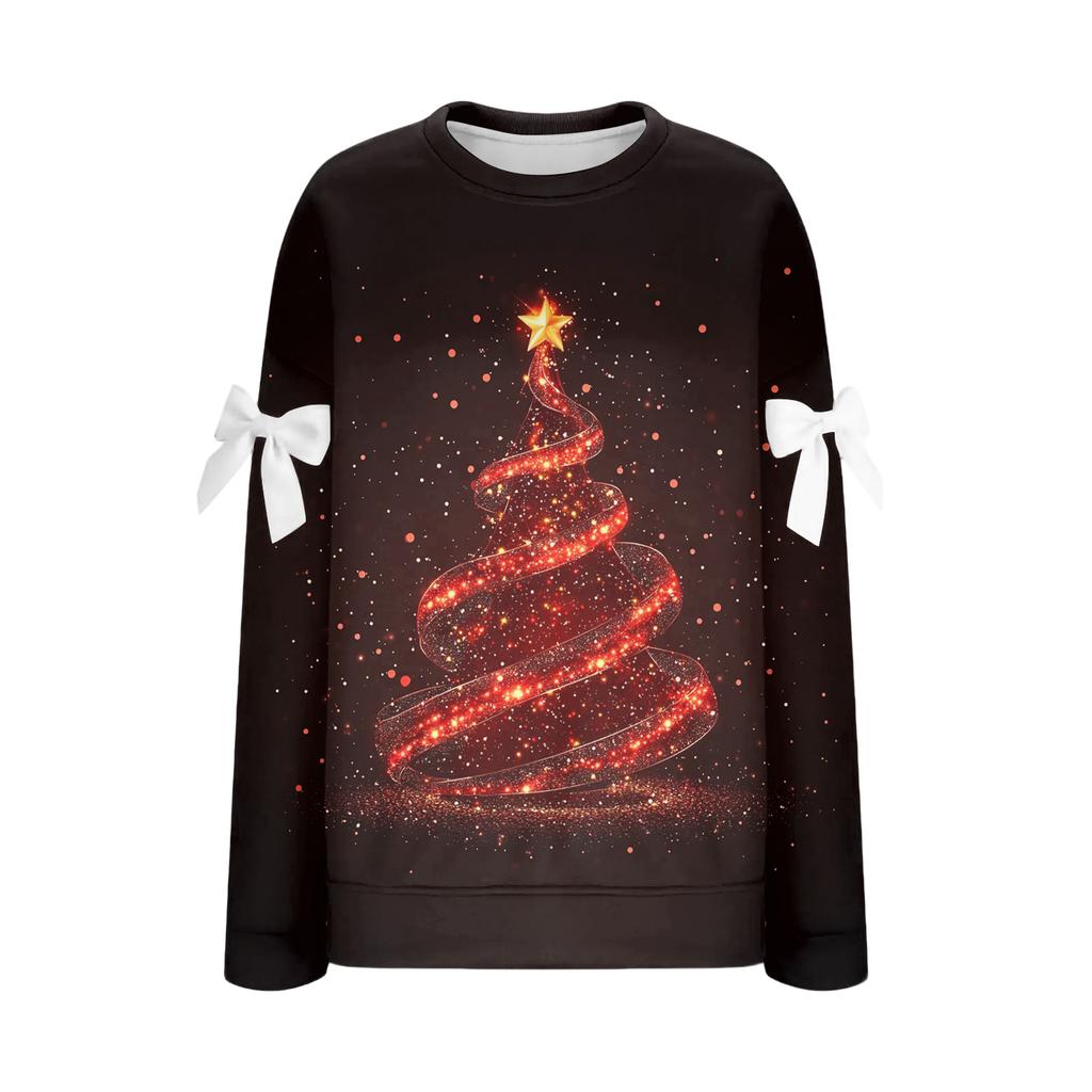 Женский рождественский пуловер с принтом и бантом, с круглым вырезом, длинными рукавами, свободного кроя