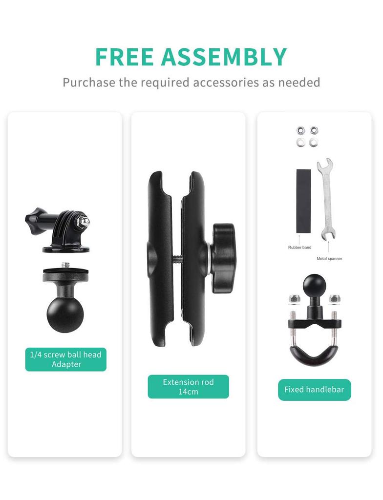 RUIGPRO Motorcycle Bike Camera Holder Handlebar Mount Bracket Metal Stand GoPro Action Camera Accessories Ball Head Arm Super Clamp Mount 360° 1/4