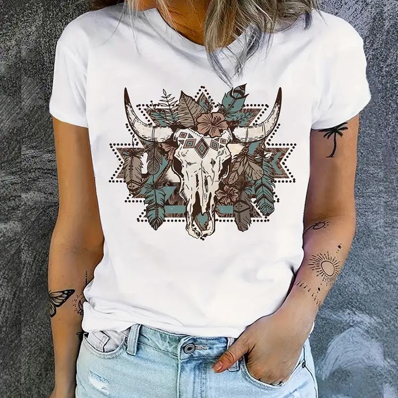 Women Summer T Shirt Retro Fashion Short Sleeve Tees Casual Classical Printed  Tops