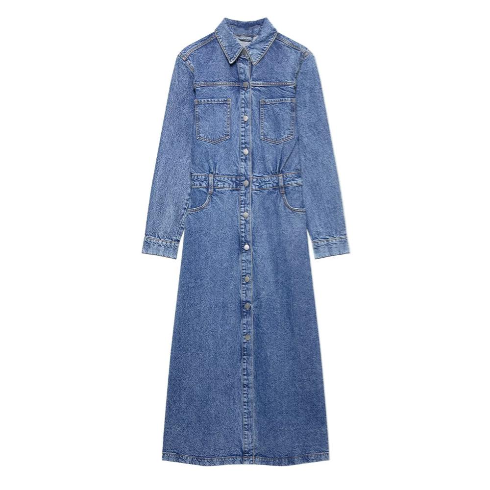 2025 Spring/Summer Women's Casual Versatile Lapel Long-Sleeved Denim Dress
