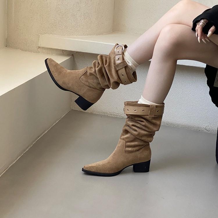 Soft-soled Retro Stacking Boots Thick-heeled Short Boots Women's 2025 New Autumn Long Tube Slim Western Cowboy Martin Boots Tide