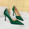 Ultra High Heels, Thin Heels, Shallow Mouth, Pointed Toe, Side Hollowed Out Patent Leather Snake Pattern Women's Shoes, Single Shoe