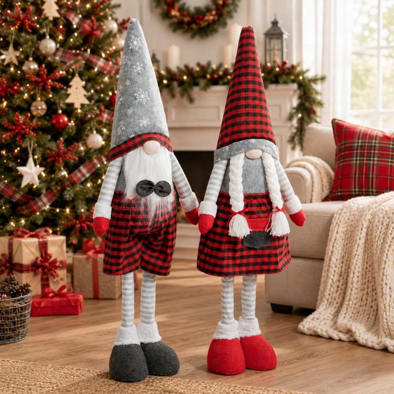 Christmas Black Red Checked Gnome Figurine Adjustable Standing Xmas Decor