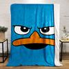 Stylized blue cartoon face with sharp eyes and an orange beak. for all seasons blanket lunch break throw gift