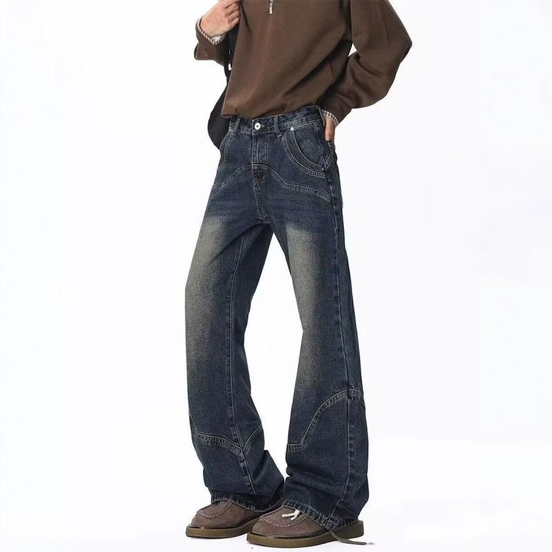 Mens Womens Streetwear Straight Leg Denim Pants With Patchwork Detail Mid-Rise Slim Fit Blue Jeans Daily Wear