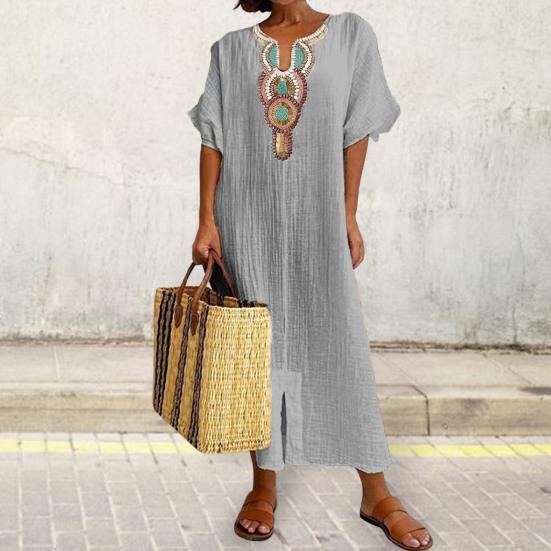 Женское платье макси Бохо с вышивкой, V-образным вырезом, короткими рукавами, вышивкой, для повседневной носки