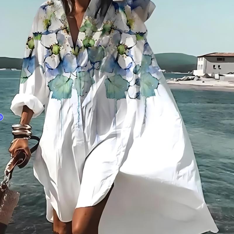 Весенне-летняя мода женское свободное повседневное платье-рубашка с длинным рукавом элегантное женское повседневное белое однобортное платье с принтом и лацканами