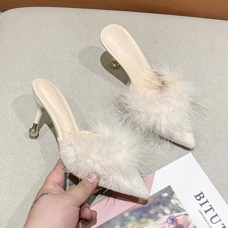 2024 Новые женские босоножки, сексуальные, меховые, летние, элегантные, на высоком каблуке, туфли-лодочки, женская обувь, свадебная вечеринка, модные тапочки большого размера