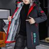 Men Autumn Winter Patchwork Color Jacket Hooded Long Sleeve Pockets Zipper Placket Coat Fleece Lining Thick Warm Mid-length Cotton-Padded Outwear