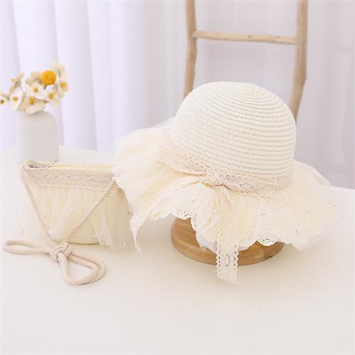 2 шт./компл., детская соломенная шляпа для девочек + упаковка, кружевная кепка от солнца с жемчужным бантом, летняя детская кепка для девочек, пляжная детская шляпа принцессы, рыбацкие шляпы, реквизит для фотографий