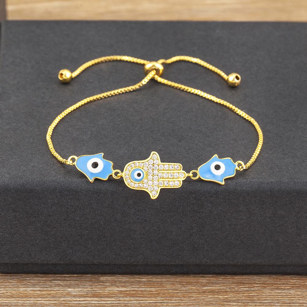 Nidin Charm Dark Blue/Light Blue Color Turkish Evil Eye Bracelets for Women Snake Chain Fatima Adjustable Palm Bangle Jewelry