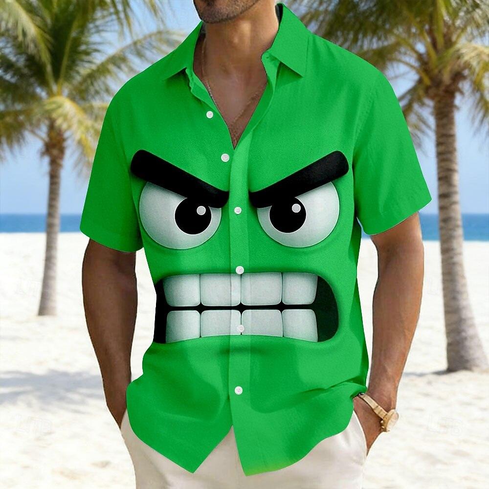 Women's Optical Illusion 3D Cartoon Angry Face Shirt Summer Shirt Button Up Shirt Short Sleeve Funny Outdoor Vacation Dailywear