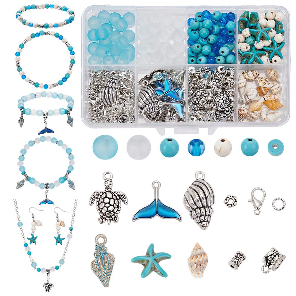 1set Ocean Themed Jewerly Making Finding Kits Including Alloy Charm Alloy Beads and Turquoise Beads Mixed color 25.5x13x5.5mm Hole: 2mm