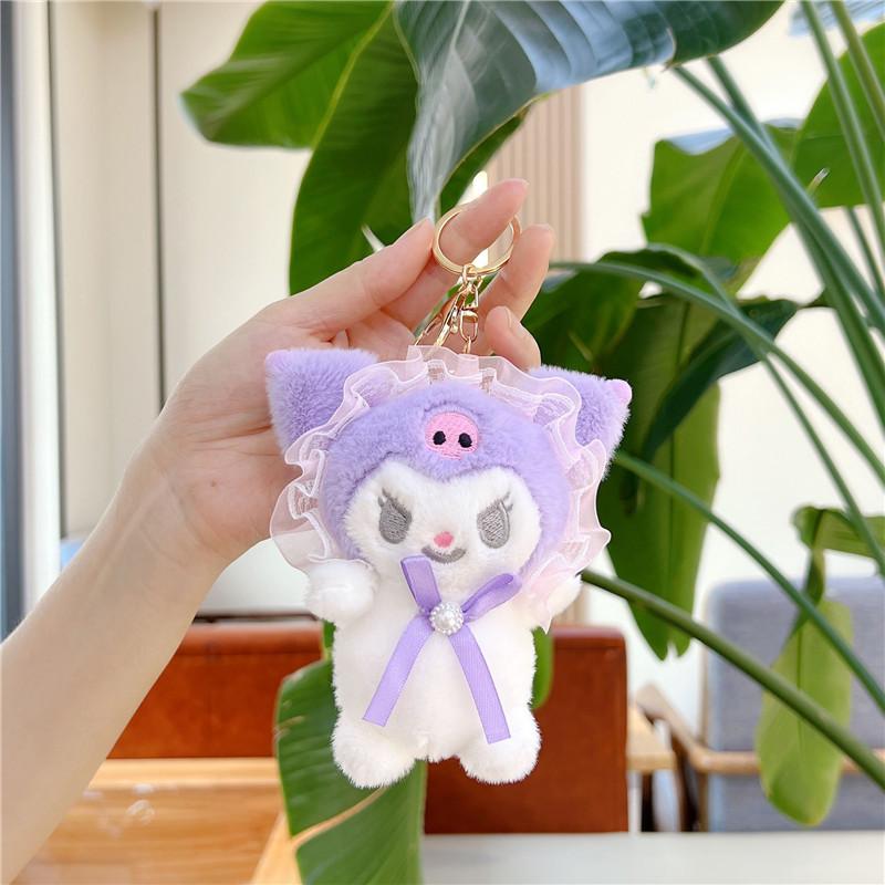 Cute Lolita Style Puppy Plush Keychain Bag Charm Soft Stuffed Animal Doll Pendant Backpack Decor Accessory